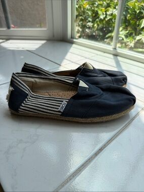 TOMS Navy Canvas Slip-On Espadrilles with Striped Heel